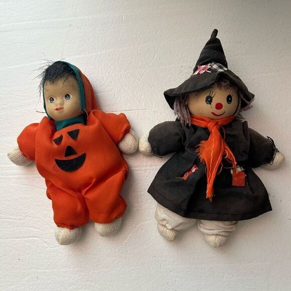 Set Of 2 Vintage Halloween Miniature Dolls Witch Porcelain Head & Pumpkin Doll - Picture 6 of 7